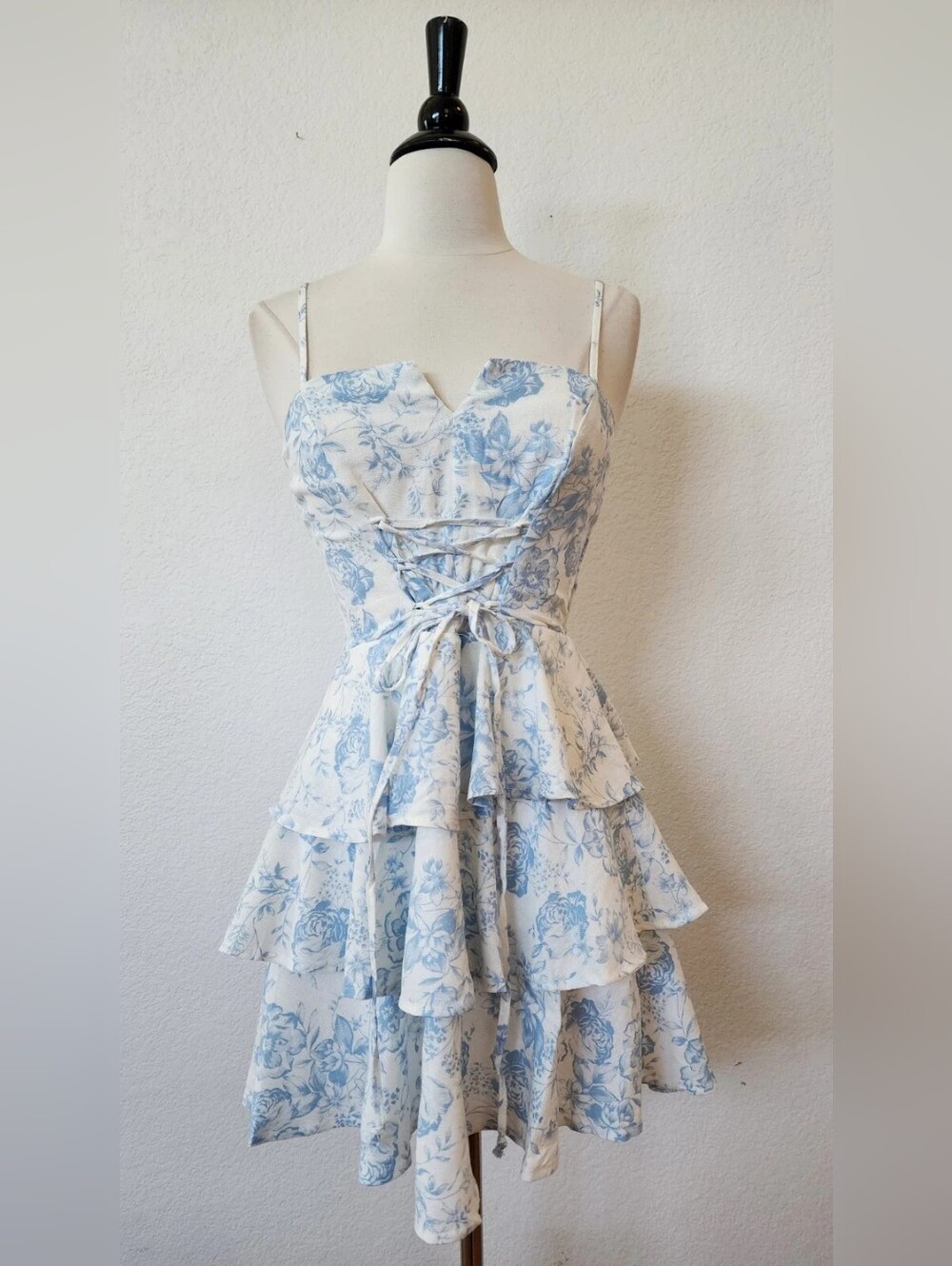 Blue Floral Tiered Lace-Up Sundress